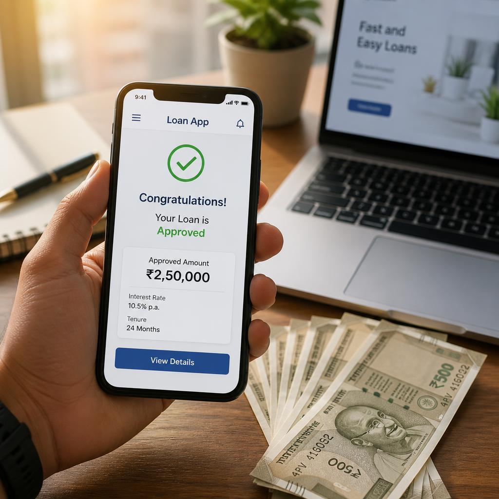 TribalLoans online loan approval on a smartphone next to cash and a laptop